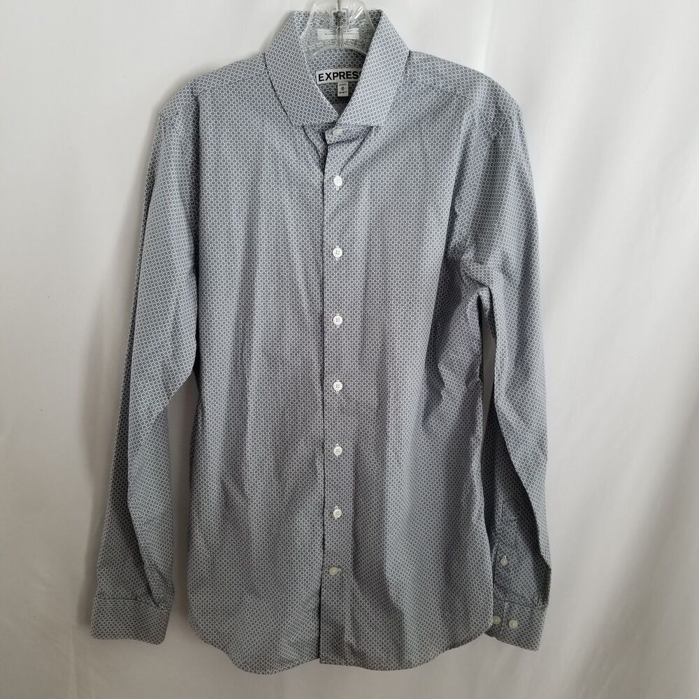 Express Shirt Men's White w/Blue Button Front Long Sleeve Extra Slim Size Medium